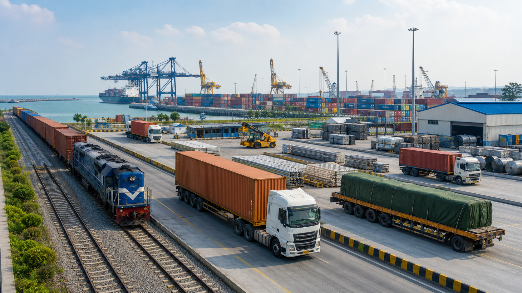 Port-side logistics yard with trucks, rail line, containers, and cranes