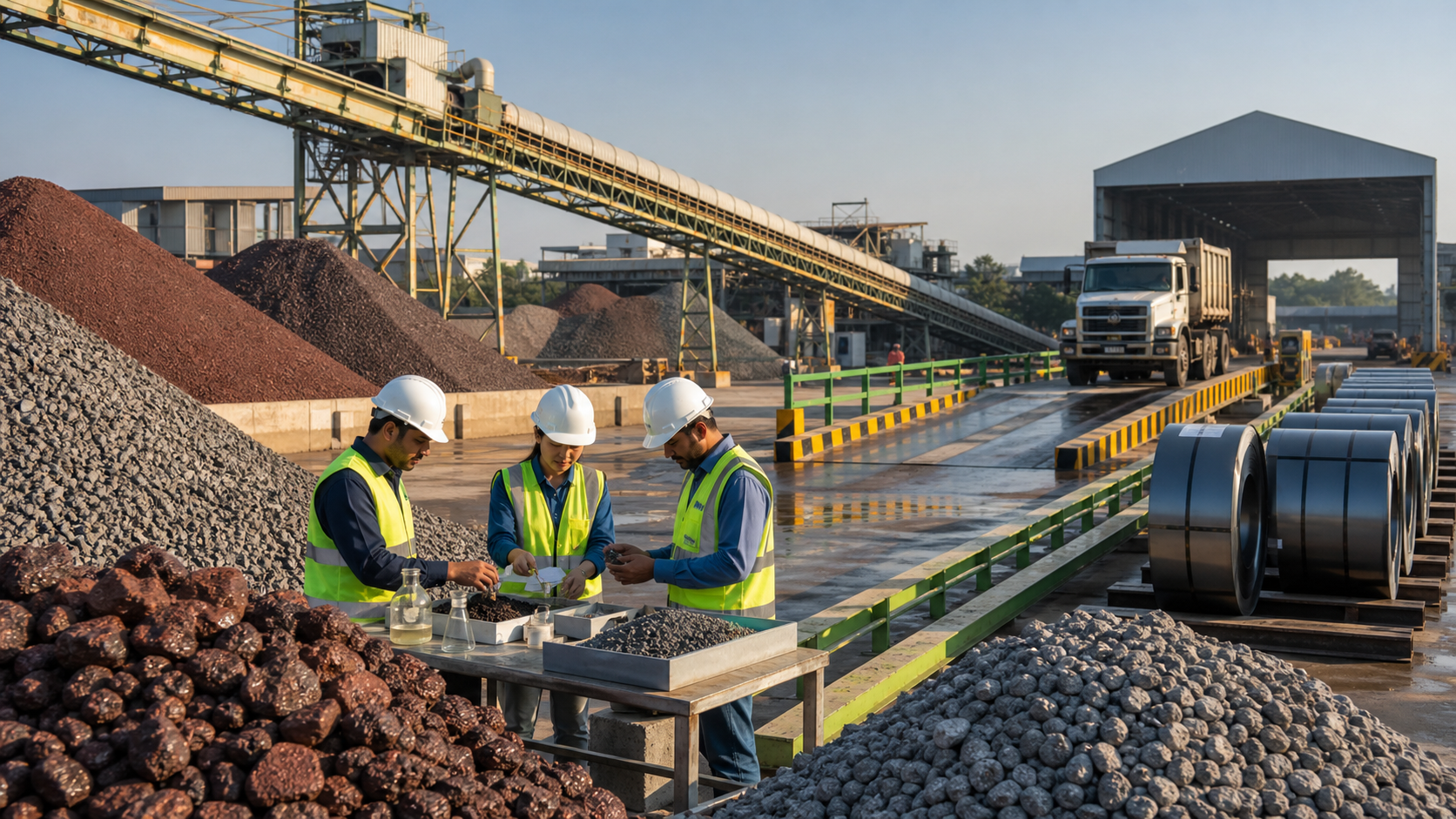 Organized raw material handling yard with industrial stockpiles and quality control