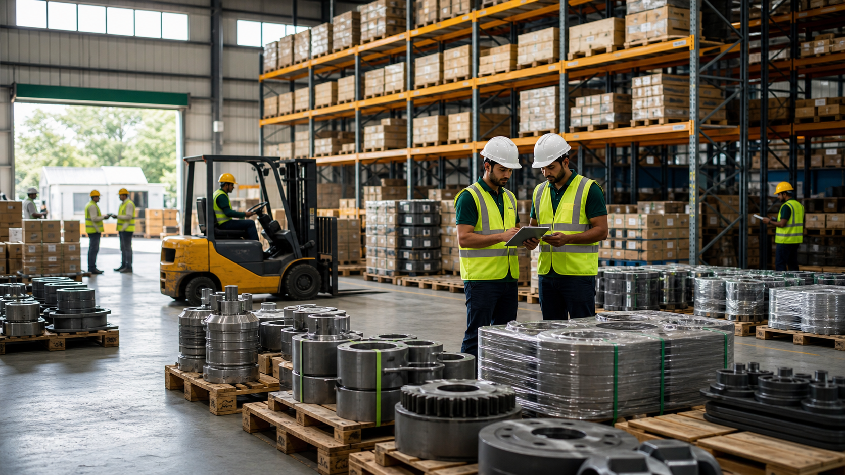 Industrial warehouse with machinery spares and workers reviewing inventory